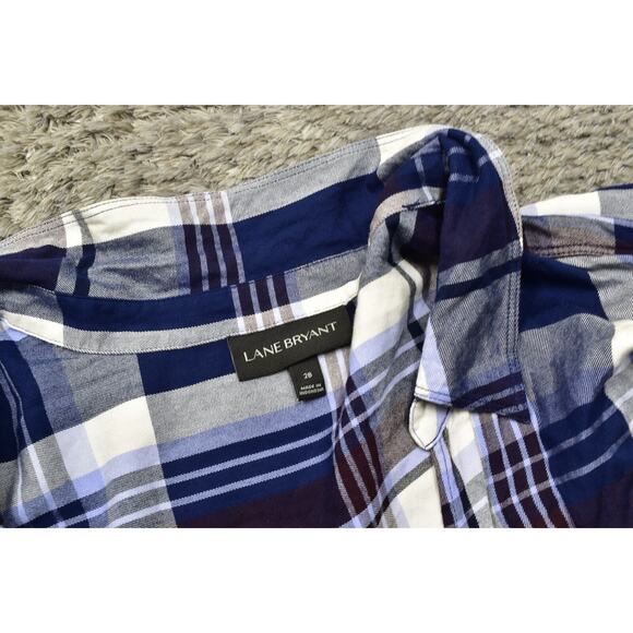 Lane Bryant Plus Size 28 Blue Plaid Rayon Blouse Long Sleeve Open Collared - Picture 5 of 7